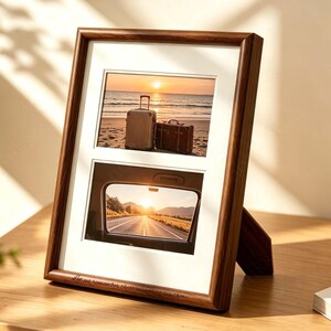 以下が含まれることがあります： ダークウッド製の長方形フォトフレーム。白いマット台紙に2つの写真用窓が上下に並んでいます。上の写真には夕暮れのビーチに置かれた2つのスーツケース、下の写真には車の窓から見た道路の風景が写っています。フレームの下部には刻印があります。