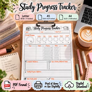 May include: A Study Progress Tracker printable document on a clipboard featuring sections for subject, course, study period, overall progress, topic targets, completed milestones, and weekly reflections, available in Letter, A5, and A4 sizes.