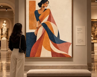 Kunstdruck eines Gemäldes einer indischen Frau, Wandkunst im südasiatischen Stil, abstraktes Sari-Poster im Stil der Mitte des 20. Jahrhunderts, druckbarer digitaler Download
