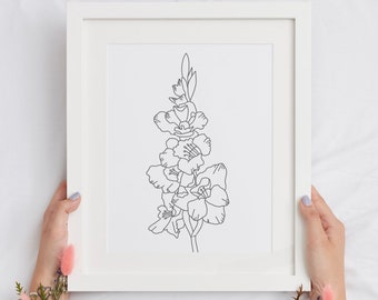 Boho Gladiolus Flower Illustration Wall Art, Botanical Wall Art, Minimalist Wall Art, Printable, Line Art Download