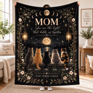 Personalized Cat Mom Blanket, Custom Pet Names Throw, Multiple Cats Family Blanket, Cat Lover Gift for Mom, Furry Family Keepsake