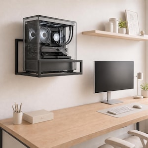 May include: A black metal wall-mounted computer case shelf holding a desktop PC with a glass side panel, internal components, and illuminated cooling fans. The structure is rectangular and minimalist, designed to support a computer tower securely.