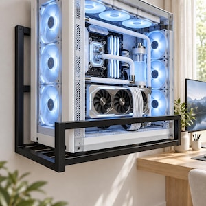 May include: A white computer tower with a transparent side panel, mounted on a black metal wall shelf. The interior features liquid cooling components, white tubing, illuminated blue fans, and a graphics card with three black cooling fans.