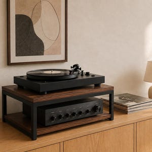 Può includere: Un supporto per apparecchiature audio a due livelli con finitura in legno scuro e telaio in metallo nero. Il ripiano superiore ospita un giradischi nero con un disco in vinile, mentre quello inferiore contiene un amplificatore nero con manopole.