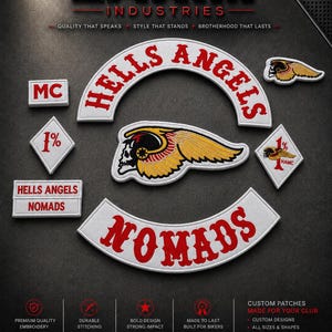 May include: A collection of embroidered patches featuring the text LAXIM INDUSTRIES, HELLS ANGELS, and NOMADS. The set includes a large winged skull emblem, diamond-shaped 1% patches, and rectangular MC and NOMADS labels with red and white thread.