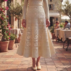 Lace Crochet Midi Skirt, Ivory Patchwork A-Line, Handmade Boho Cottagecore Cotton