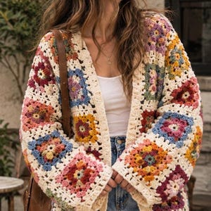 Pattern for Granny Square Crochet Cardigan, Floral Patchwork Digital Download