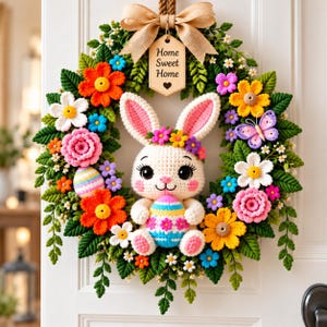 May include: A crochet wreath featuring a central white bunny holding a colorful patterned egg, surrounded by green leaves, various multi-colored flowers, a purple butterfly, and a wooden tag with the text Home Sweet Home and a heart icon.