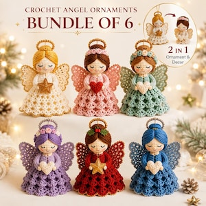 May include: A bundle of six crochet angel ornaments featuring various hair colors and dresses. Each angel has a gold halo, intricate lace-like wings, and holds either a star or a heart. The text reads CROCHET ANGEL ORNAMENTS BUNDLE OF 6 and 2 IN 1.