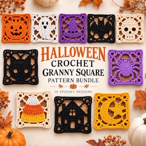 May include: A collection of ten crochet granny squares featuring Halloween motifs including a pumpkin, ghost, witch hat, bat, skull, cat, spider, candy corn, haunted house, and moon with star, with text reading HALLOWEEN CROCHET GRANNY SQUARE PATTERN BUNDLE.