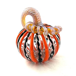 Handblown Glass Halloween Pumpkin: Orange & Black Twisted Cane