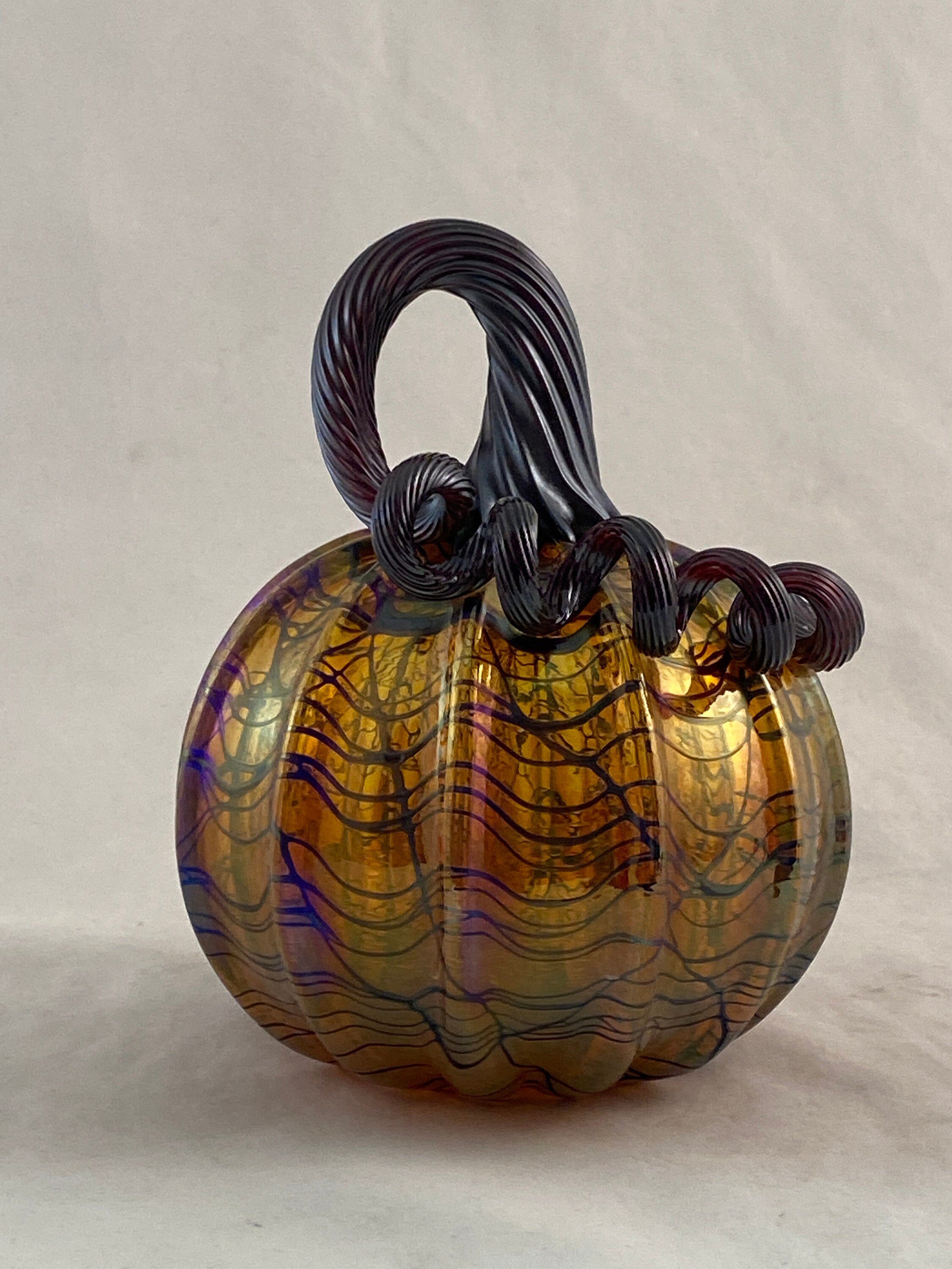 Hand Blown Glass Pumpkin Iridescent Gold with Black Vines | Etsy