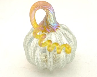 Hand Blown Glass Pumpkin - Petite iridescent clear crackle