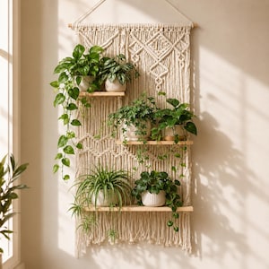 May include: A cream-colored macrame wall hanging featuring three horizontal wooden shelves. The shelves hold various potted green houseplants, including trailing vines and leafy foliage, arranged in a tiered display suspended by a wooden dowel.