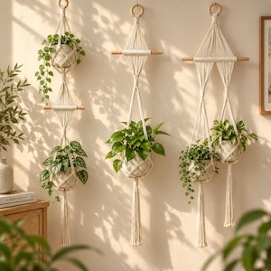 May include: Three off-white macrame plant hangers suspended from wooden rings. The left hanger holds two pots, the centre holds one, and the right holds two. Each features knotted cotton cord, wooden dowels, and long decorative tassels at the base.