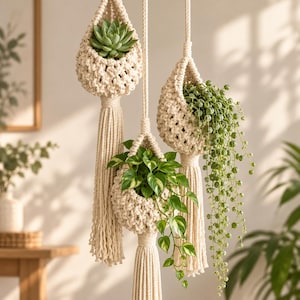 May include: Three off-white macrame plant hangers suspended vertically, each featuring a woven basket design with a long, thick tassel at the bottom. The hangers contain a green succulent, a trailing string of pearls, and a variegated pothos plant.