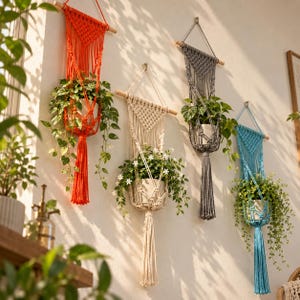 May include: Four macrame plant hangers suspended from wooden dowels on a wall. Each hanger features a knotted cord design in bright orange, cream, dark gray, and light blue, holding a potted plant with trailing green foliage and a long tassel.