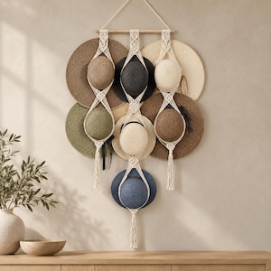 May include: A wall-mounted macrame hat organiser made of off-white cotton cord, featuring three vertical strands suspended from a wooden dowel. The organiser holds eight hats in various colours including tan, black, olive green, and blue.