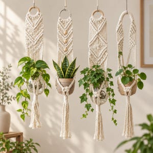 Op de afbeelding: Vier off-white macramé plantenhangers opgehangen aan ringen, elk met ingewikkelde knooppatronen en een kwastje aan de onderkant. Twee hangers bevatten doorzichtige glazen vazen met groene planten, twee bevatten terracotta potten.