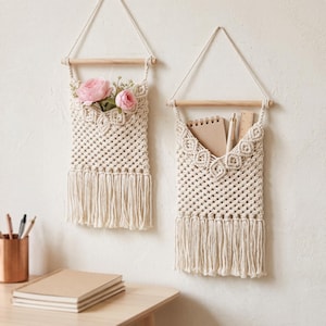 May include: Two off-white macrame wall hangings with wooden dowels and hanging cords. One pocket holds two pink artificial flowers, while the other contains a spiral-bound notebook, a pen, and a wooden ruler. Both feature fringe at the bottom.