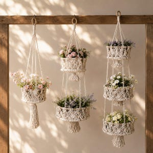 May include: Three off-white macrame plant hangers suspended from a wooden frame. One hanger holds a single pot, one holds two pots, and one holds three pots. Each hanger features intricate knotted patterns, wooden rings, and decorative tassels.