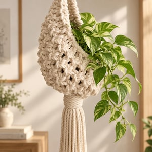 May include: A cream-coloured macrame plant hanger featuring a thick, knotted cord construction with an open-weave basket section. A trailing pothos plant with variegated green and white heart-shaped leaves spills out from the top opening.