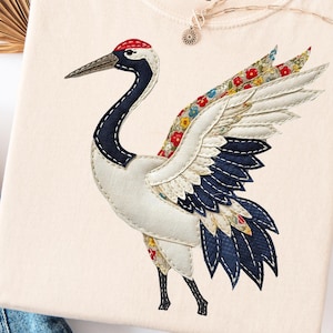 Japanese Crane Comfort Colors Tshirt Faux Patchwork Applique Japanese Rustic Wabi Sabi Zen Bird Sashiko Boro Art Gift Floral Graphic Top