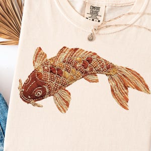 Oranje koi vissen comfort kleuren tshirt faux patchwork stoffen Japanse rustiek Wabi Sabi Sashiko Boro kunst Zen natuur cadeau oversized softtop