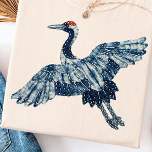 Japanese Crane Comfort Colors Tshirt Faux Patchwork Applique Japanese Rustic Wabi Sabi Zen Bird Sashiko Boro Art Gift Indigo Blue Top