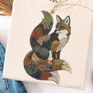 Fox Comfort Colors T-shirt med konstlappmönster, applikation, japansk rustik Wabi Sabi Sashiko Boro konstgåva, skogsdjur, folkkonst, grafisk topp, zen