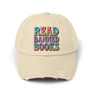 Casquette effet vieilli Read Banned Books, casquette de bibliophile, chapeau de lecture pour amateur de bibliothèque, chapeau de protestation pour interdiction de livre, texte pastel cadeau littéraire unisexe
