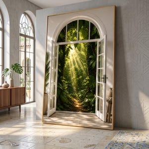 May include: A large rectangular floor mirror with a thin gold frame featuring an arched top. The mirror displays a realistic print of an open white French door leading into a lush green forest path with sunlight filtering through the dense foliage.