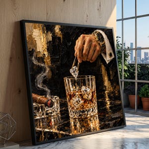 May include: A framed oil painting featuring a hand with a gold watch dropping a diamond into a glass of amber liquid. A lit cigar rests in a crystal ashtray nearby. The artwork uses thick, textured brushstrokes in black and gold tones.