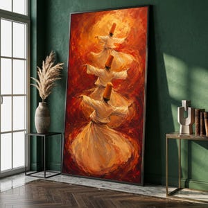 May include: A vertical framed wall art print depicting three whirling dervishes in white robes and tall tan hats, captured in a dynamic spinning motion against a vibrant, textured background of swirling deep red, orange, and golden yellow paint strokes.
