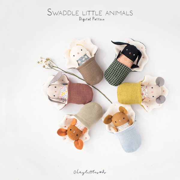 Swaddle Envelope Little Animals sewing Pattern and Tutorial | Cat Rabbit Fawn Mouse Elephant PDF sleeping doll