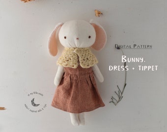 PDF Bunny Joint Doll + Clothes SET Sewing Pattern & Tutorial /Pinafore Dress + Tippet/ Stuffed Animal, Easter Rabbit