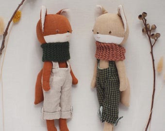 Fox Doll Sewing Pattern - Jointed Woodland Animal with Overalls & Scarf (PDF 3 Sizes)
