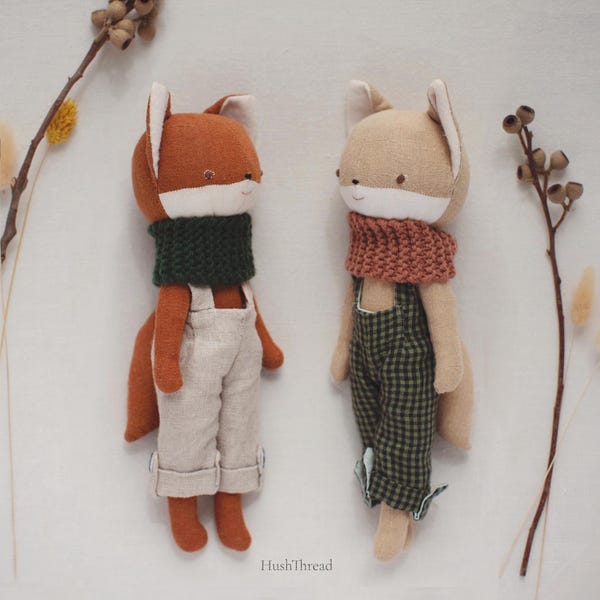 Fox Doll Sewing Pattern - Jointed Woodland Animal with Overalls & Scarf (PDF 3 Sizes)