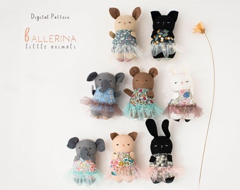 Ballerina little animals sewing Pattern and Tutorial | Cat Rabbit Fawn Bear Elephant | PDF stuffed toy doll