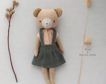 Bear Doll Sewing Pattern - Jointed Forest Teddy with Blouse & Skirt (PDF 3 Sizes)