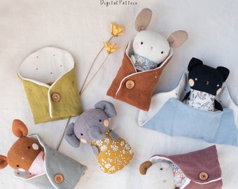 Swaddle Blanket Little Animals  sewing Pattern and Tutorial | Cat Rabbit Fawn Bear Elephant PDF sleeping doll