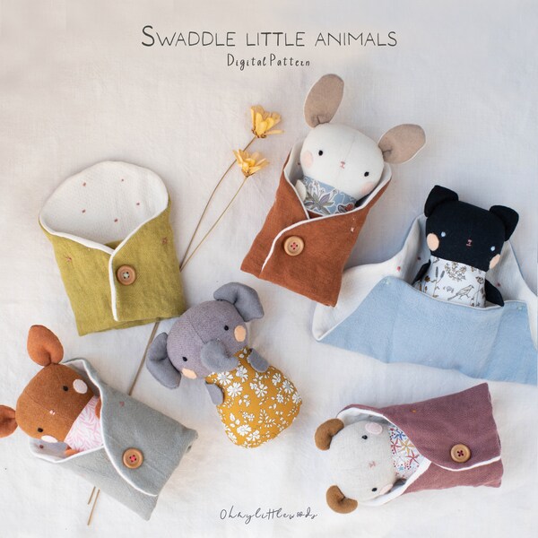 Swaddle Blanket Little Animals  sewing Pattern and Tutorial | Cat Rabbit Fawn Bear Elephant PDF sleeping doll