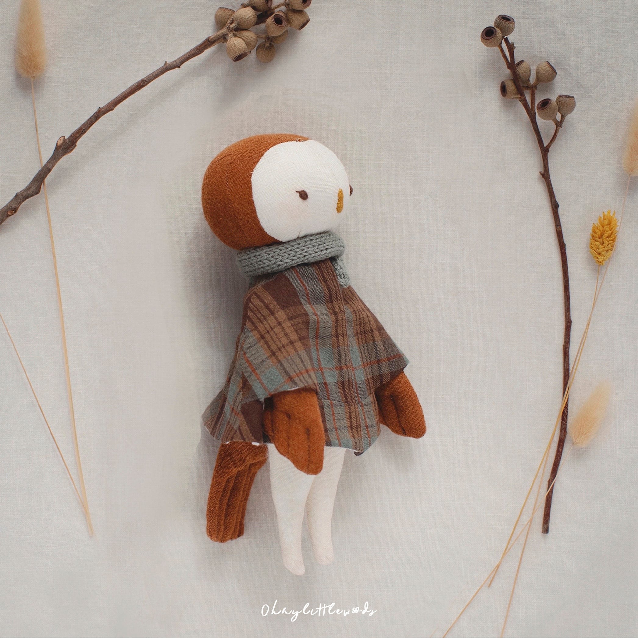 Owl Doll Sewing Pattern - Woodland Jointed Animal with Manteau & Scarf (PDF 3 Sizes)