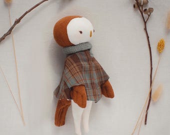 Owl Doll Sewing Pattern - Woodland Jointed Animal with Manteau & Scarf (PDF 3 Sizes)
