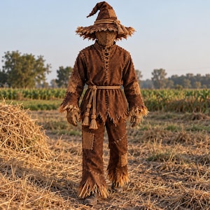 May include: A brown scarecrow costume featuring a pointed hat with frayed edges, a long-sleeved tunic with a lace-up neckline, matching trousers, and a rope belt with tassels. The fabric has visible stitching, patches, and straw-like fringe.