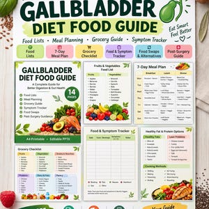 May include: A Gallbladder Diet Food Guide document featuring sections for food lists, a 7-day meal plan, a grocery checklist, and a food and symptom tracker. The layout includes text, icons, and illustrations of fruits and vegetables.