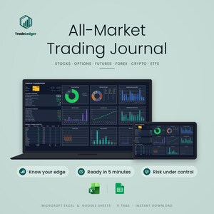 Könnte beinhalten: Ein digitales All-Market Trading Journal für Aktien, Optionen, Futures, Forex, Krypto und ETFs. Die Anzeige zeigt einen Laptop und ein Tablet mit dunkel gestalteten Dashboards, die farbige Diagramme, Grafiken und Datentabellen enthalten. Enthält Microsoft Excel- und Google Sheets-Symbole.