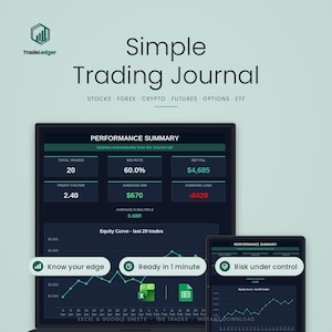 Könnte beinhalten: Eine digitale Trading-Journal-Oberfläche mit dem Titel Simple Trading Journal für Aktien, Forex, Krypto, Futures, Optionen und ETFs. Sie zeigt eine Leistungsübersicht mit Kennzahlen wie Gesamtzahl der Trades, Gewinnrate und eine Equity-Kurve.