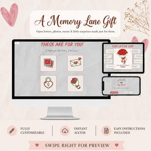 Puede incluir: Una pantalla digital que muestra una interfaz de regalo con el texto A Memory Lane Gift, Open letters, photos, music & little surprises made just for them, These are for you, I hope you like them, I love you, This is for you y my love.