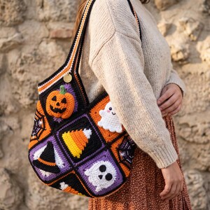 Haakpatroon voor een Halloween Oma Vierkante Tas (PDF), schattige Trick or Treat draagtas, herfst pompoen spook schoudertas (direct te downloaden)